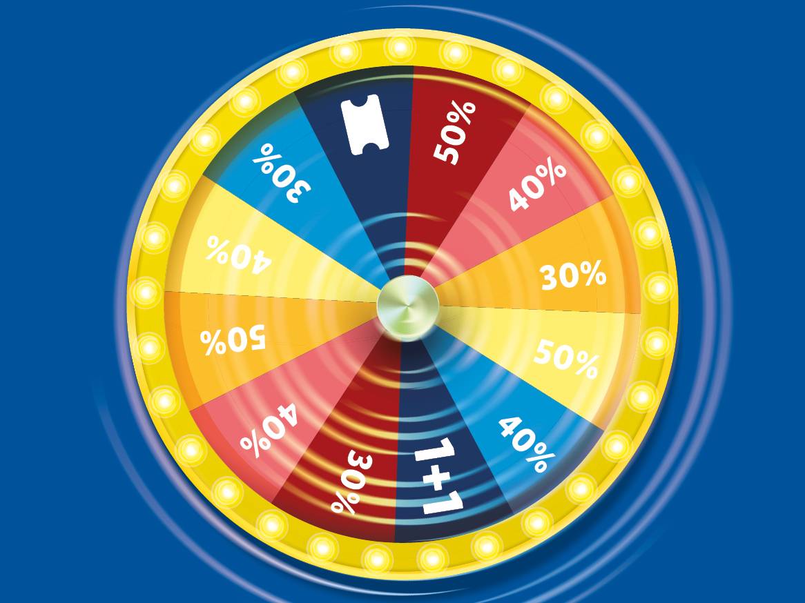 Колело на късмета с отстъпки от 30%, 40%, 50% и 1+1 оферта.