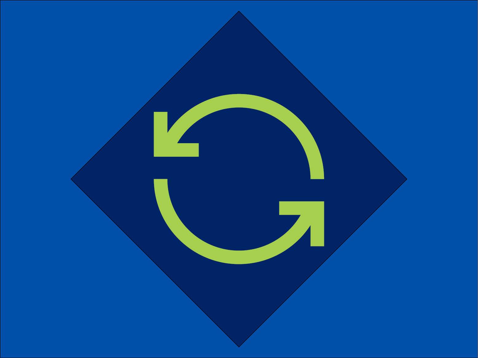 Зелен символ на рециклиране в синьо-тъмносин диамант.