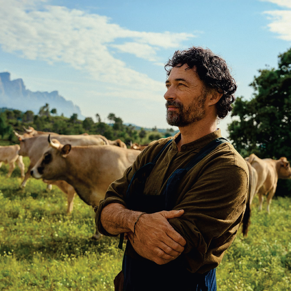 Мъж с брада и къдрава коса, облечен в работни дрехи, стои сред крави на пасище.