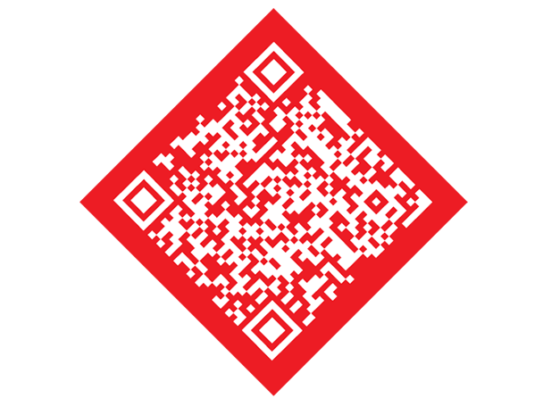 Червен фон с бял QR код, завъртян на 45 градуса.