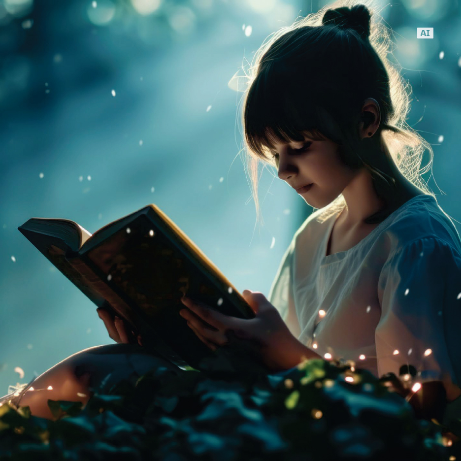 Момиче чете книга на открито, заобиколено от мека светлина.