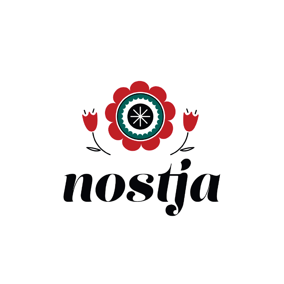 Лого с червено цвете, две лалета и думата „nostja“ отдолу.
