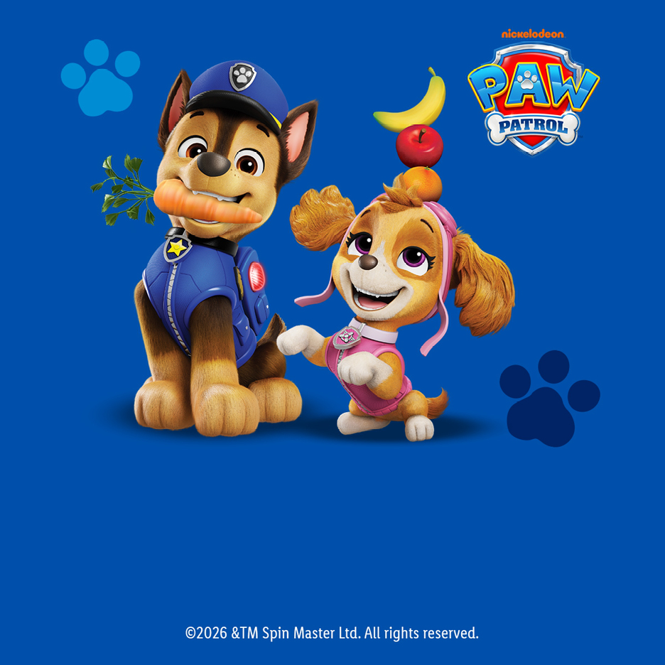 Кученца от анимационен филм с моркови и плодове, на син фон с логото на Paw Patrol.